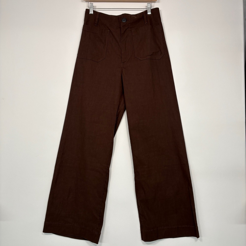 Maeve Womens The Colette Full Length Pants 30 Brown Wide Leg Linen Blend Patch